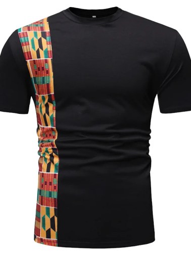 Fashion African Kente T Shirt For Men's Ghana Tops Ankara Panelled Geo Printed Short Sleeves T-Shirt Color Blocked O-Neck Summer