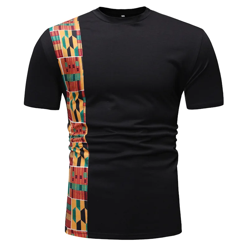 Fashion African Kente T Shirt For Men's Ghana Tops Ankara Panelled Geo Printed Short Sleeves T-Shirt Color Blocked O-Neck Summer