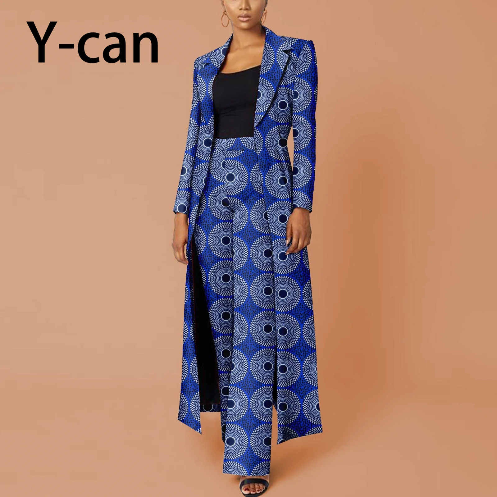 African Women Set 2 Piece Suit Traditional Long Sleeve Jacket Coat and Pants Ankara Print Office Business Causal Wear