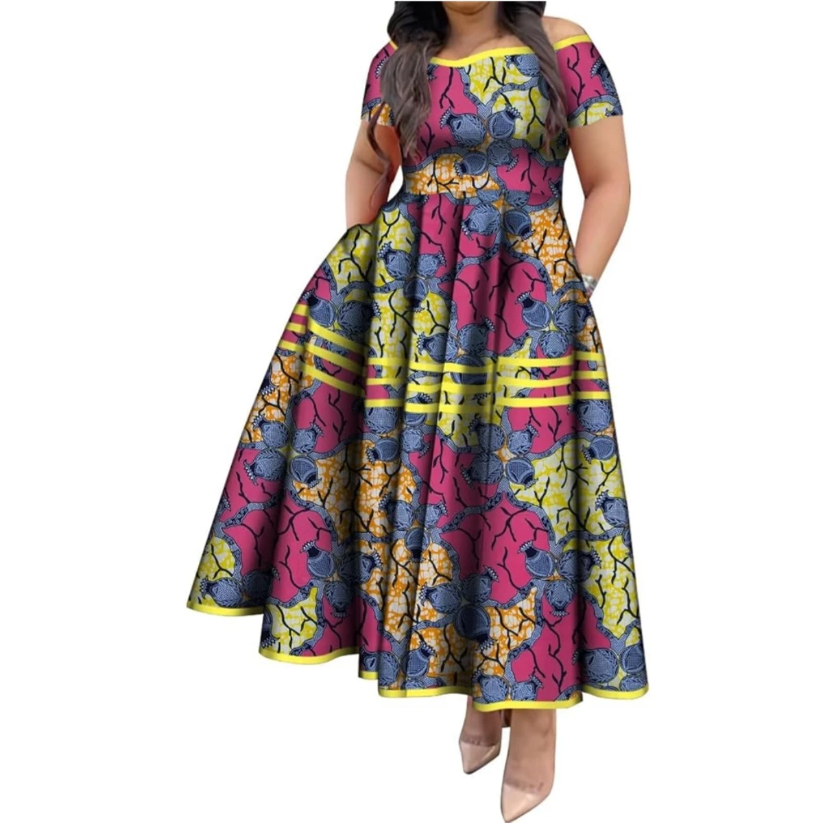 BintaRealWax African Dresses for Women Elegant African Print Short Sleeve High Waist Maxi Dress Africa Clothing