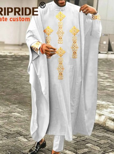 African Clothes for Men Embroidery Coats Dashiki Shirts Ankara Pants 3 Piece Set Wedding Evening Outfits Agbada Robe