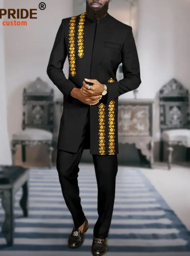 African Suits for Men Slim Fit Embroidery Blazer and Ankara Pants 2 Piece Set Formal Dress Suit Dashiki Outfits