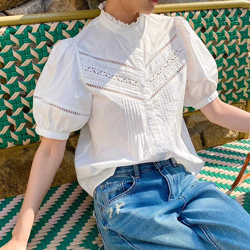 French Style Elegant Blouse Shirt White 100% Cotton Lace Chic Hollow Out Puff Sleeve Summer Office Ladies Top Shirts New