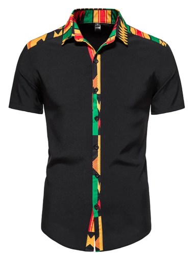 African Ankara Kente Print Shirt Short Sleeves Summer Men's Fashion Patchwork Button Up Traditional Dashiki Casual Tops