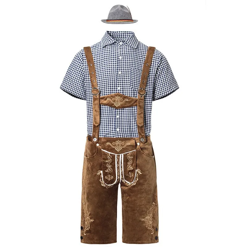 Men'S Classic Sets German Traditional Festival Clothing Checkered Shirt Bib Shorts With Hanging Hat Three Piece Set -
