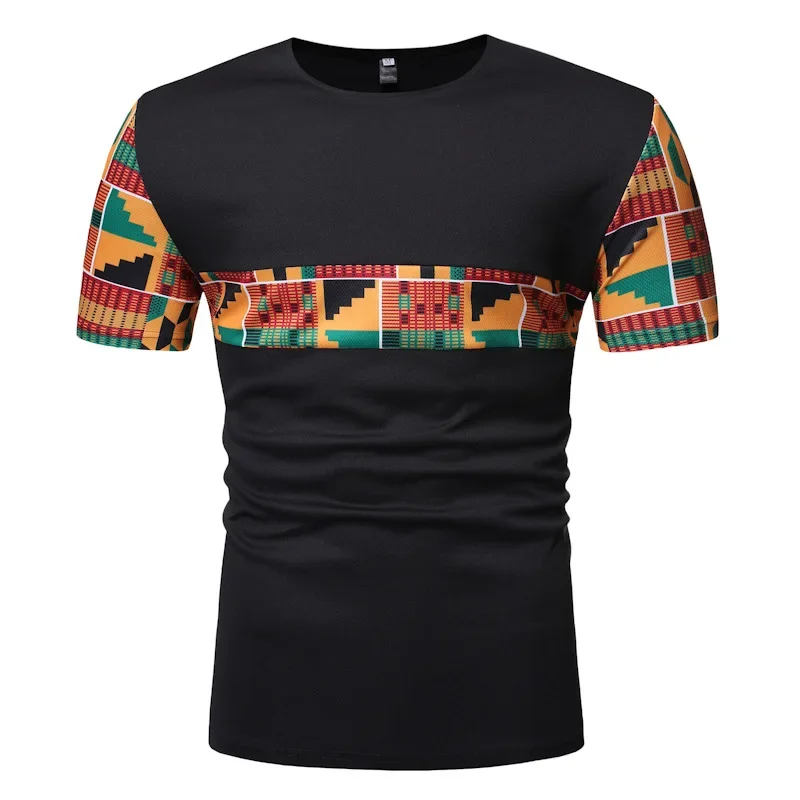 Fashion African Kente Cotton Tee Shirt For Mens Summer Short Sleeves Ghana Tops Ankara Panelled Geo Print T Shirt Color Blocked