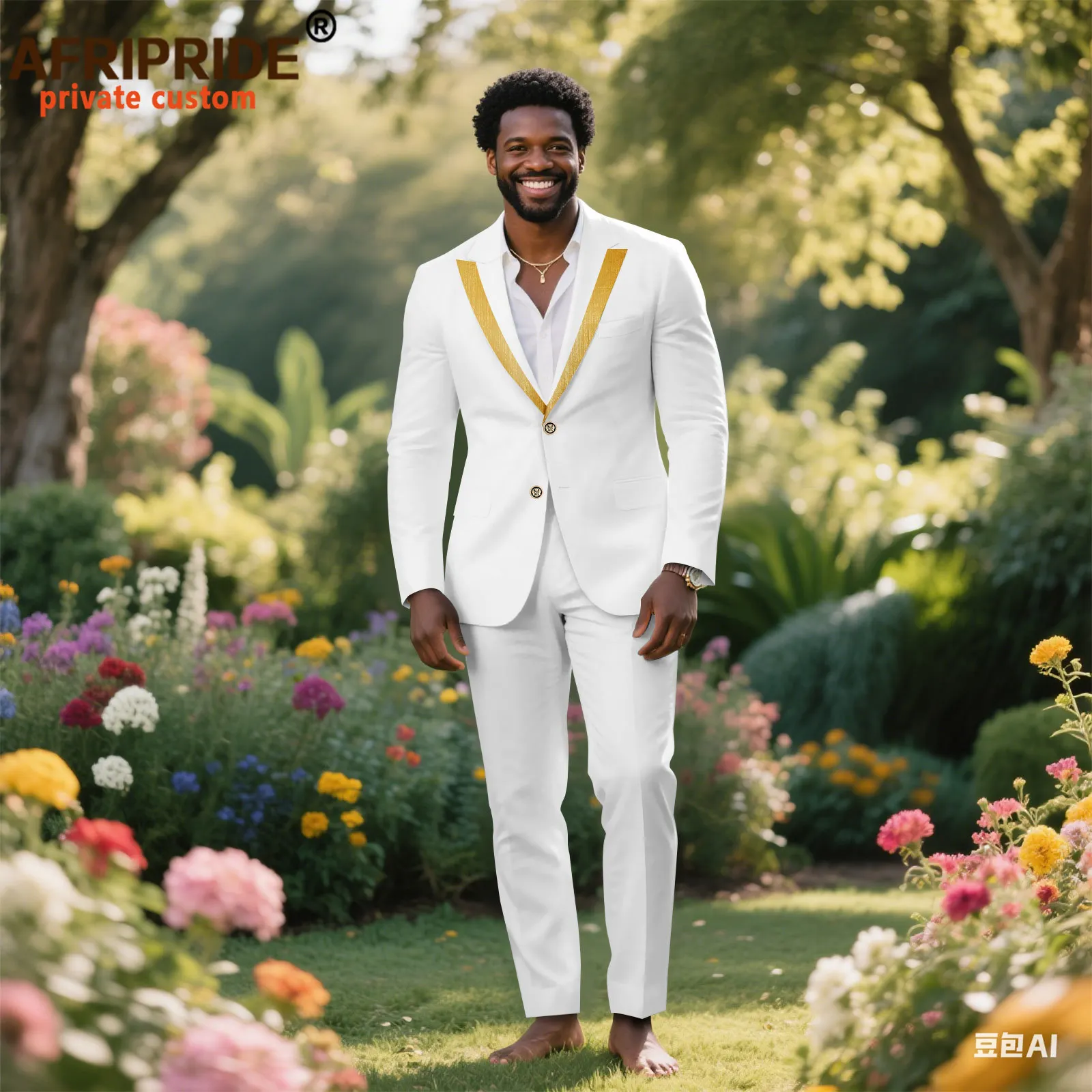 African Suits for Men Slim Fit Embroidery Two Buttons Jacket and Pants 2 Piece Set Dashiki Outfits for Wedding