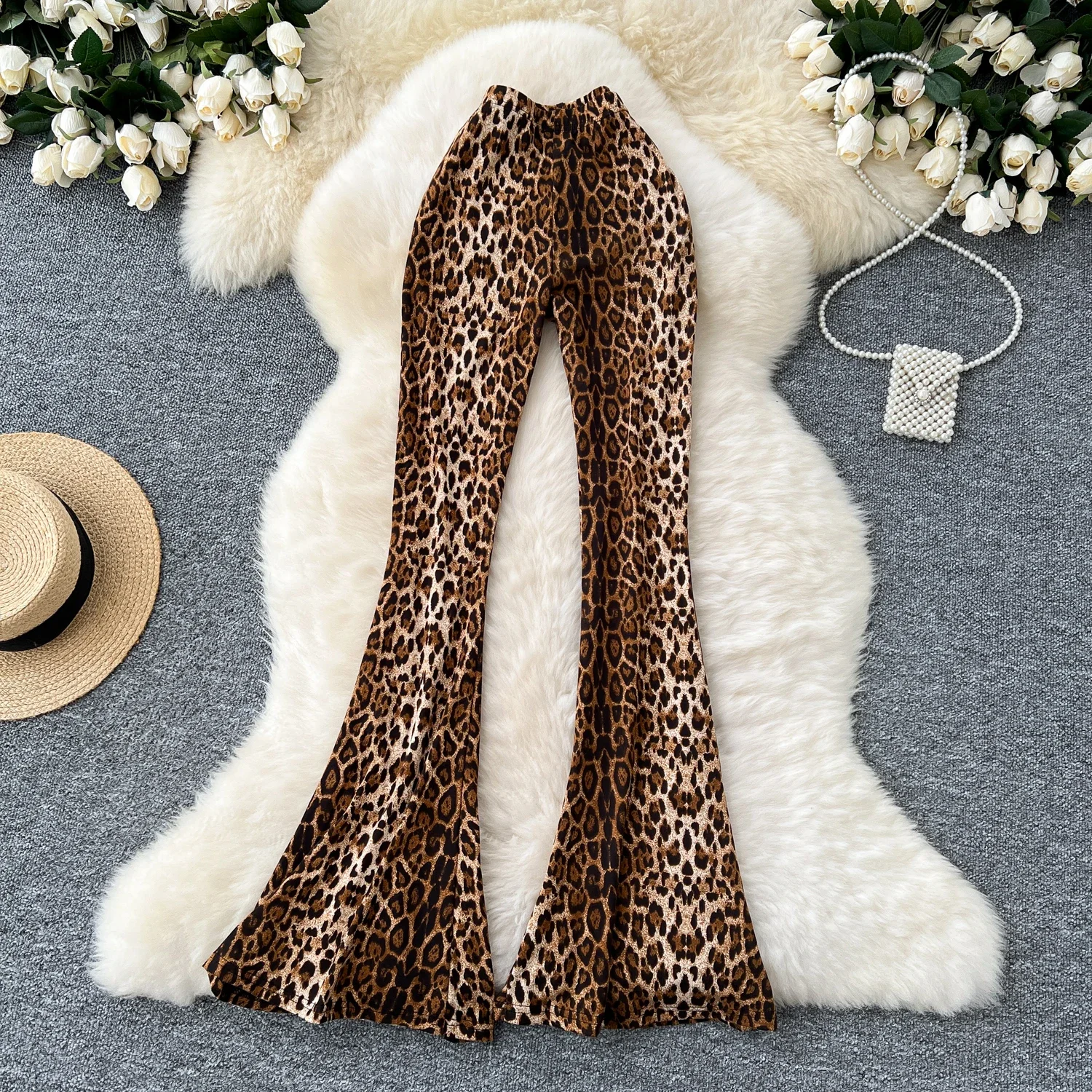 Casual Leopard High Waist Vintage Women Basics Elegant Flare Pants Korean High Street Office Lady Slim Spring Autumn Clothing - Image 3