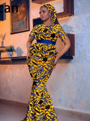 African Dresses for Woman Luxury Fashion Women Mermaid Maxi Dress with Headscarf African Style Party Wedding