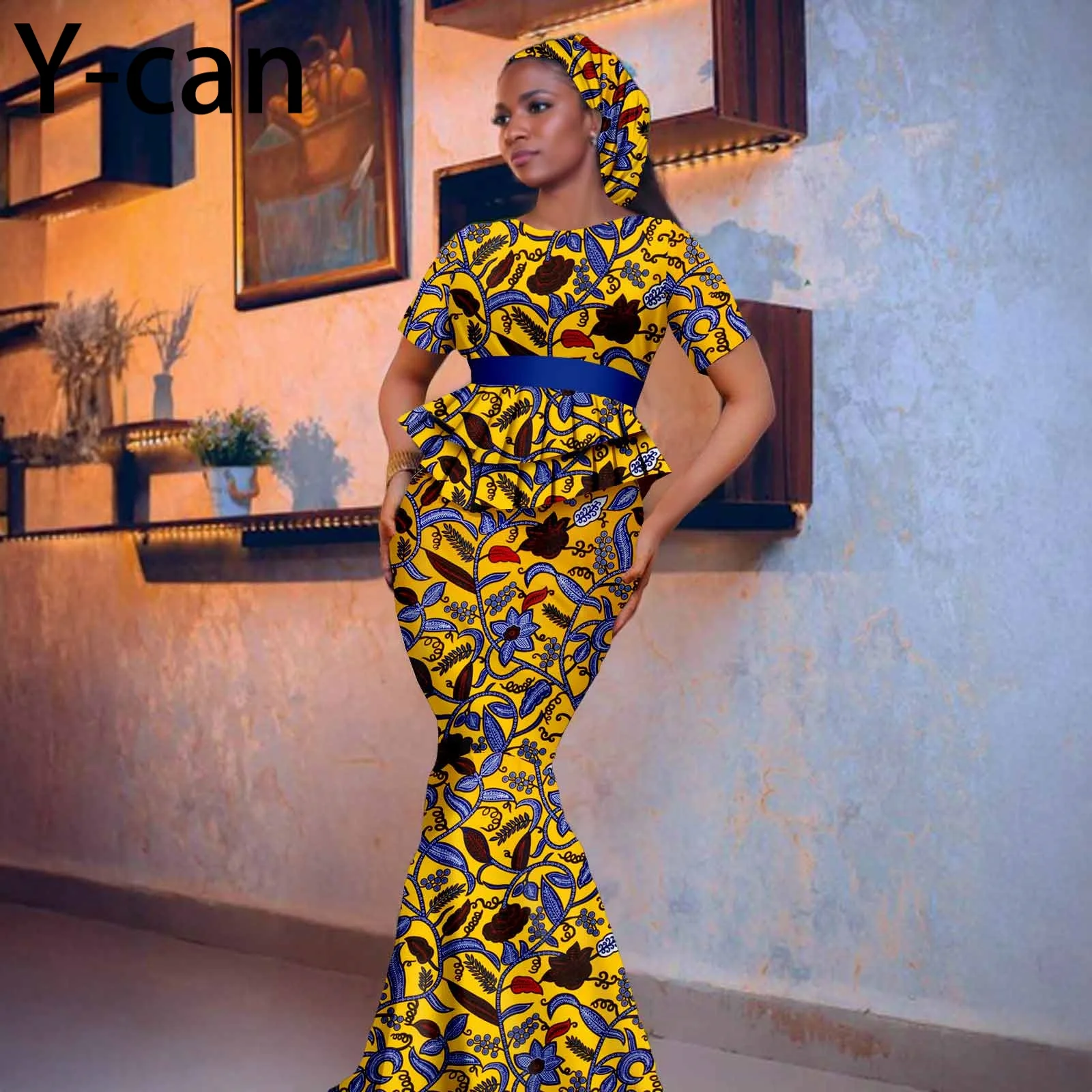 African Dresses for Woman Luxury Fashion Women Mermaid Maxi Dress with Headscarf African Style Party Wedding
