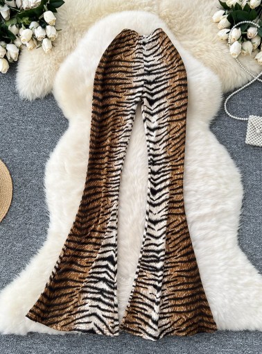 Casual Leopard High Waist Vintage Women Basics Elegant Flare Pants Korean High Street Office Lady Slim Spring Autumn Clothing