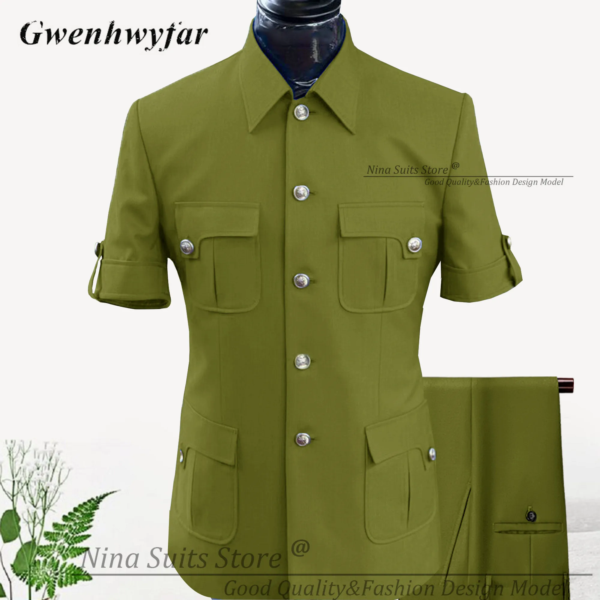 G&N Custom Made Africa Style Men Suits Sky Blue 2024 Short Sleeve Blazer Regular Pants for Business Men Formal Meeting Wear - Image 4