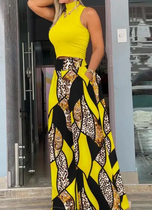 Two Piece Set Women Outfit Summer Temperament Sleeveless Top & Printed Fashion High Waist Wide Leg Pants Set Streetwear