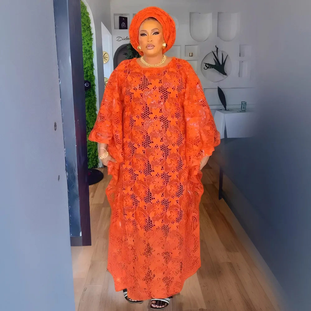 Lace Loose Dress With Slip For Women O Neck Half Batwing Sleeve Solid Elegant Classy Fashion African Female Party Date New