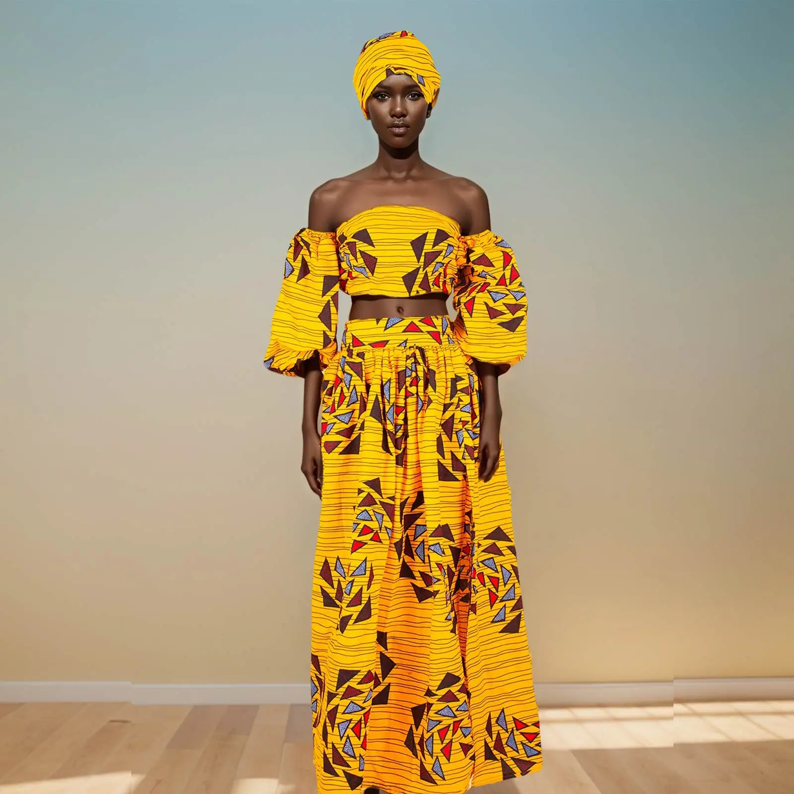 African Women Sets Two Pieces Ankara Print Tube Top High Slit Skirt Free Headscarf Female Outfits Women Dress