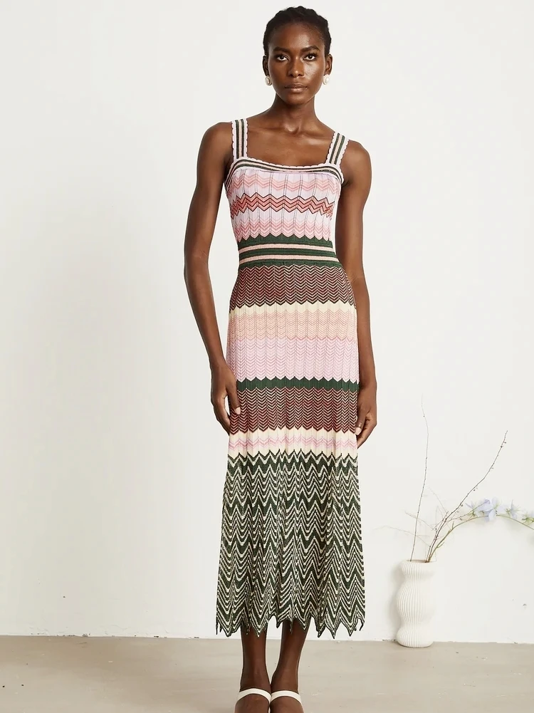 Luxury Brand Design Knitted Zigzag High Elasticity Color Sleeveless Long Maxi Dress Women Arab Africa Popular Boho Lady Skirt - Image 4
