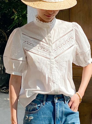 French Style Elegant Blouse Shirt White 100% Cotton Lace Chic Hollow Out Puff Sleeve Summer Office Ladies Top Shirts New