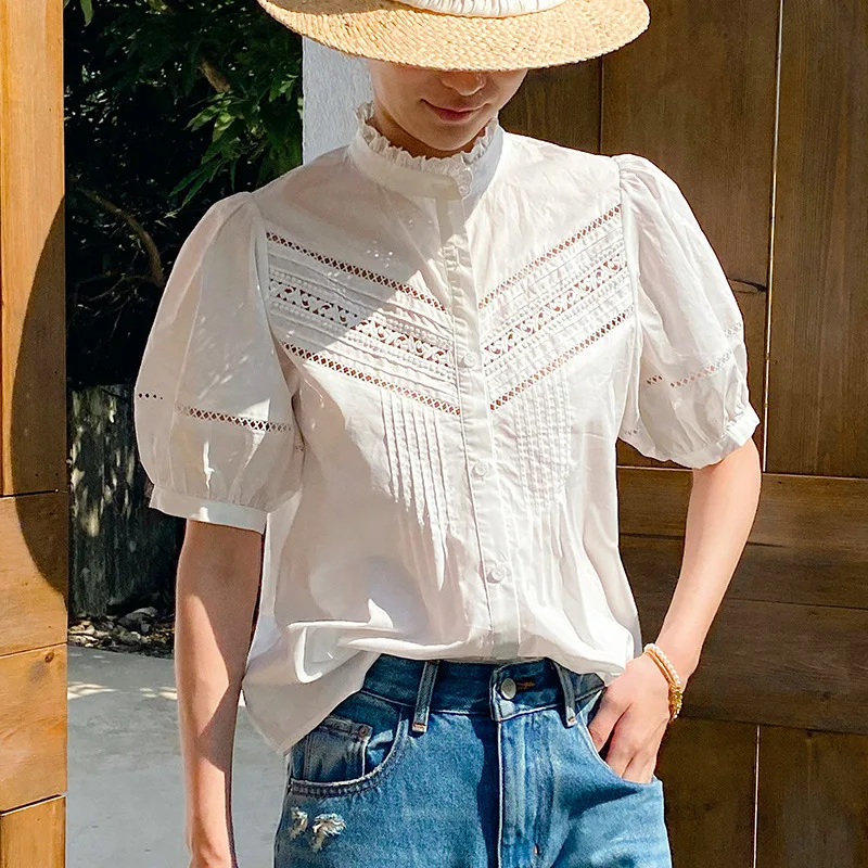 French Style Elegant Blouse Shirt White 100% Cotton Lace Chic Hollow Out Puff Sleeve Summer Office Ladies Top Shirts New