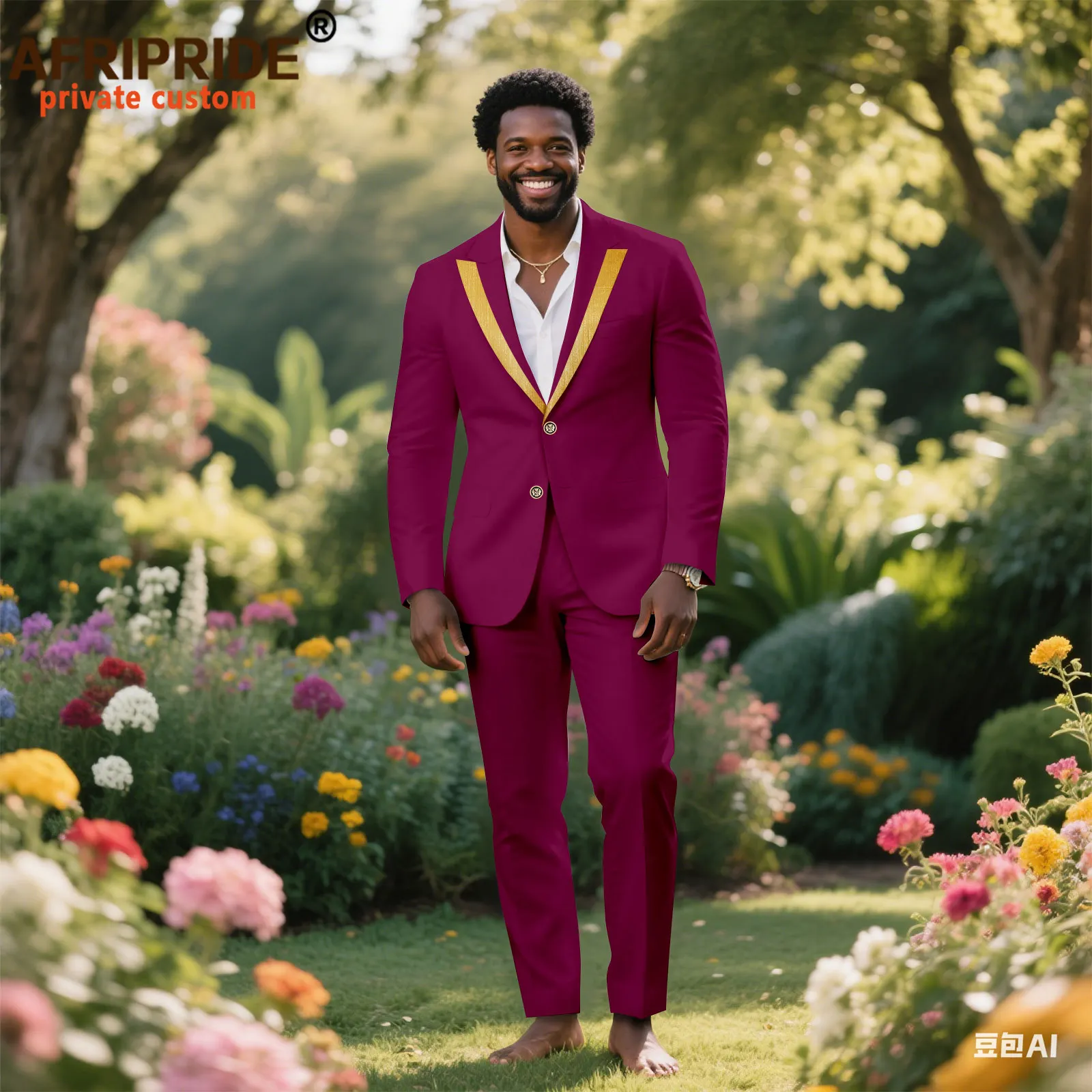 African Suits for Men Slim Fit Embroidery Two Buttons Jacket and Pants 2 Piece Set Dashiki Outfits for Wedding - Image 3