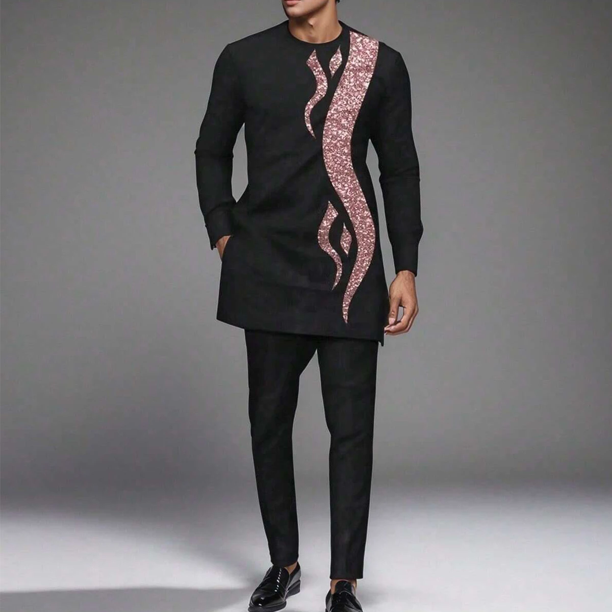 New Kaftan Africa Full Men's suit Long sleeve solid color top pants suit Elegant business party wedding men's suit - Image 3