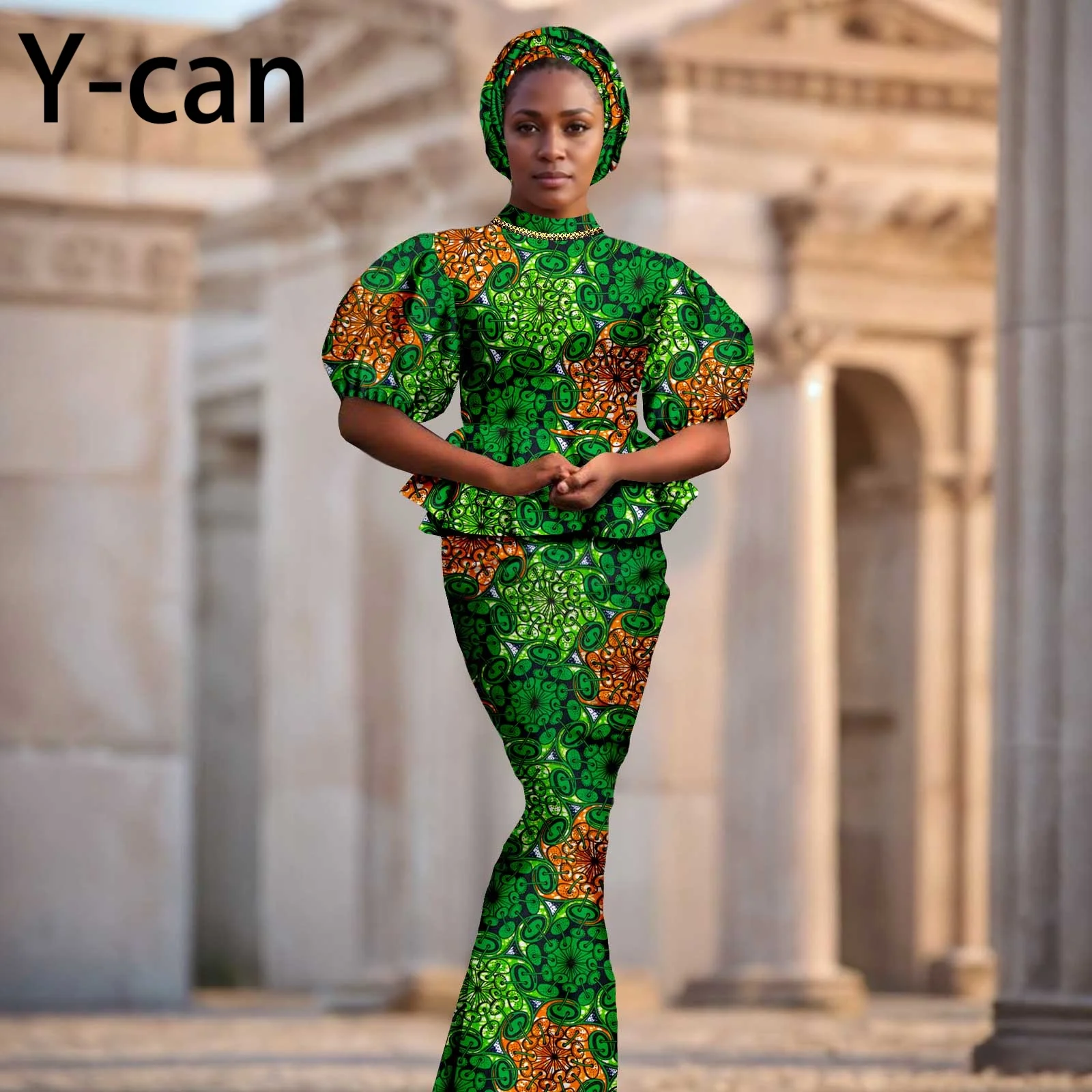 African Dresses for Women Dashiki Ankara Print Puff Sleeve Ruffles Top and Mermaid Skirt 2 Pieces Sets with Headscarf