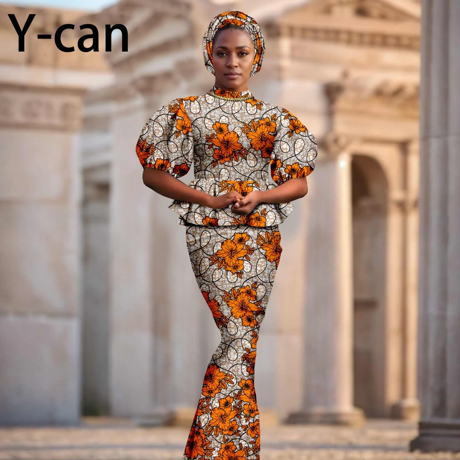 African Dresses for Women Dashiki Ankara Print Puff Sleeve Ruffles Top and Mermaid Skirt 2 Pieces Sets with Headscarf - Image 4
