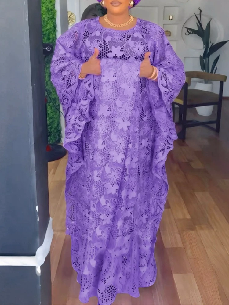 Lace Loose Dress With Slip For Women O Neck Half Batwing Sleeve Solid Elegant Classy Fashion African Female Party Date New