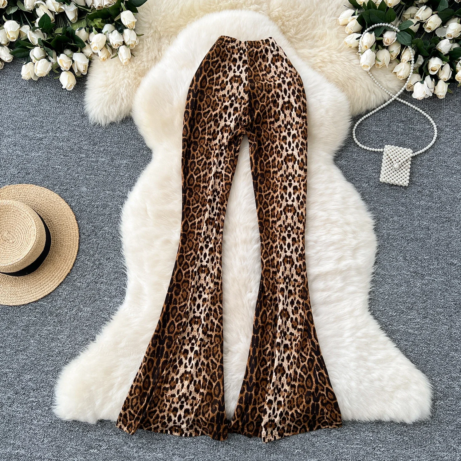 Casual Leopard High Waist Vintage Women Basics Elegant Flare Pants Korean High Street Office Lady Slim Spring Autumn Clothing - Image 4