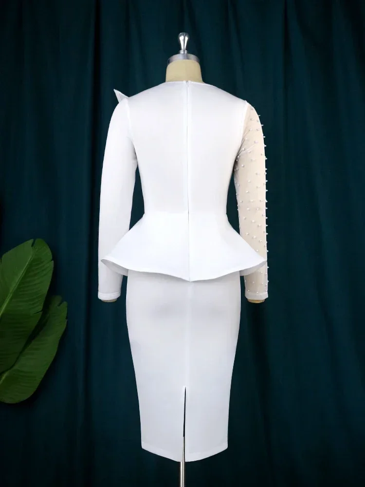 Women White Party Dress Long Sleeve O Neck Beading Mesh Patchwork Peplum Elegant Evening Birthday African Plus Size - Image 4