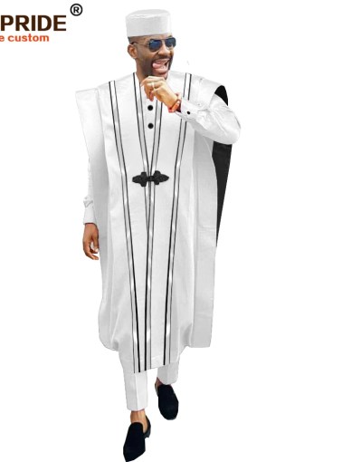 African Men Clothing Agbada Robe Dashiki Shirts Ankara Pants Tribal Hat Wedding Evening Outfits 4 Pieces AFRIPRIDE